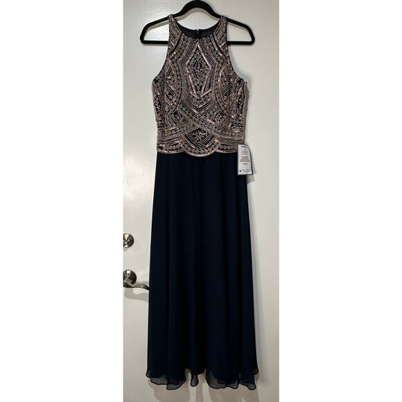 Betsy & Adam Women's Beaded Navy Gold Gown Size 10 Petite NWT Elegant Formal - Picture 2 of 16